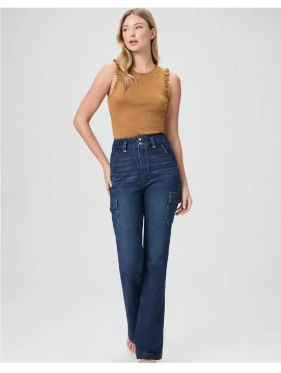 Paige Dion High Rise Cargo Flare Jeans Gracie Lou Dark Wash Y2K 90s Size 27 - Picture 1 of 11